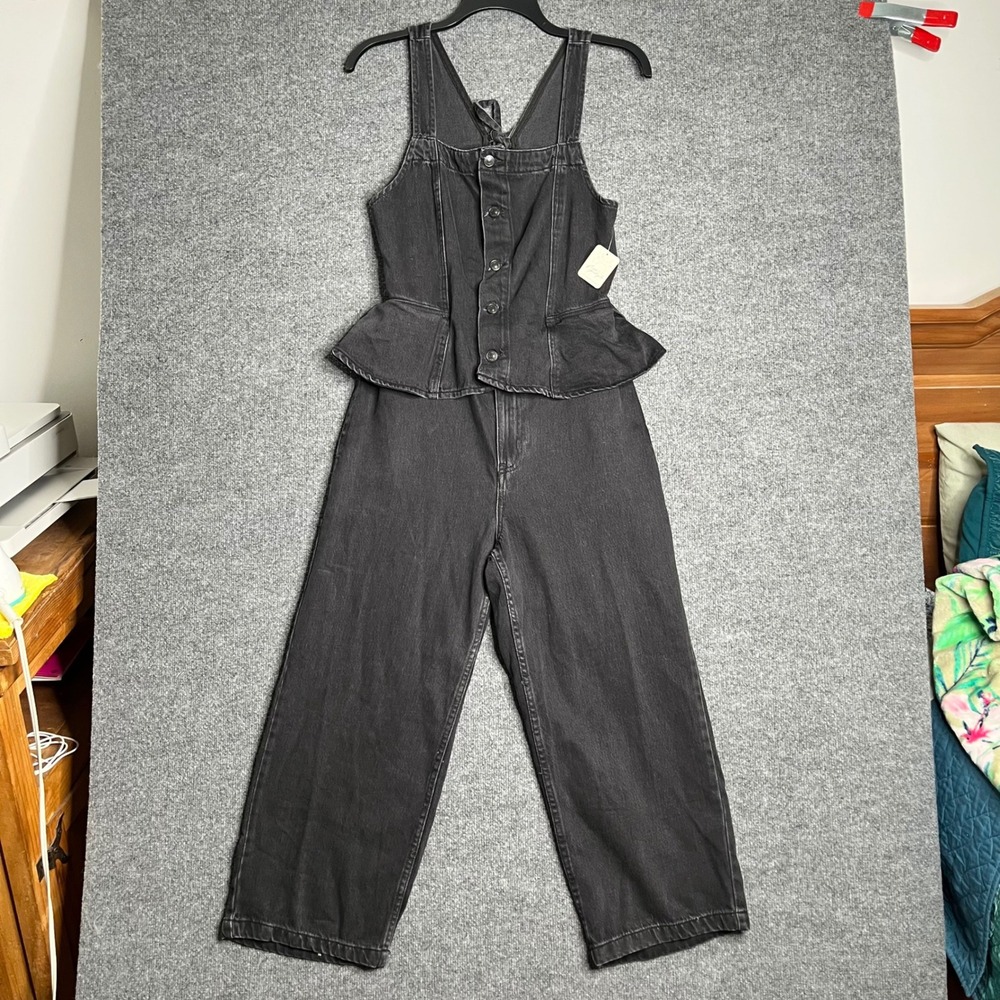 Free People We The Free Raven Peplum Jumpsuit Black Denim Wide Leg Large NEW